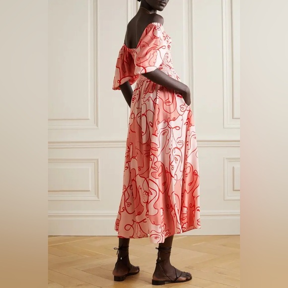 NWT La Ligne MEDIUM Lola Shirred Printed 100% silk pink midi dress - Picture 5 of 13